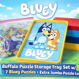 Buffalo Puzzle Storage Tray Set w/ 7 Bluey Puzzles + Extra Jumbo puzzle